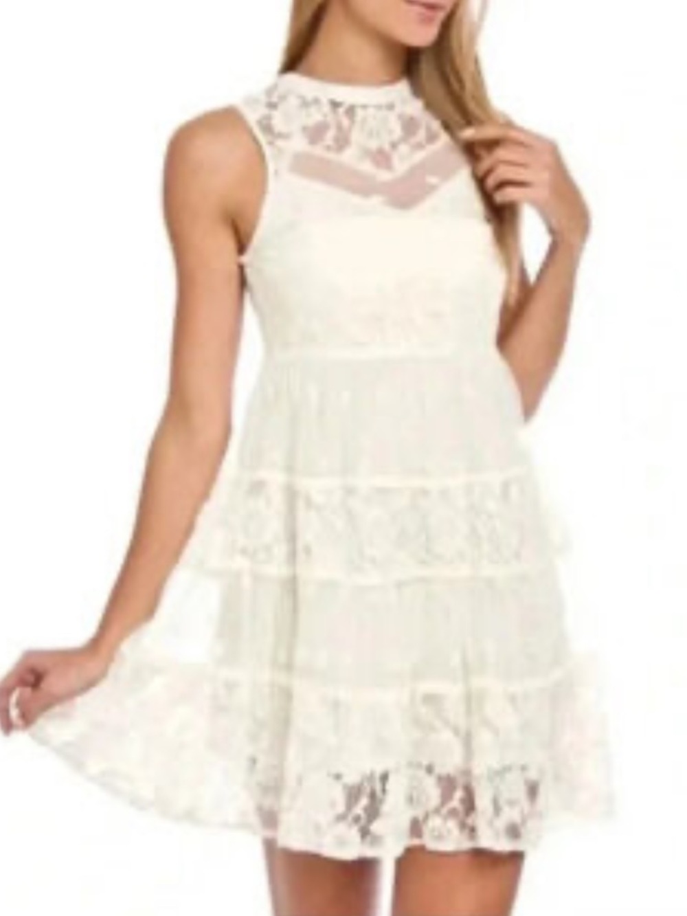 Rebellion cream Boho Lace Tiered Mini Dress in Cream Med NWOT